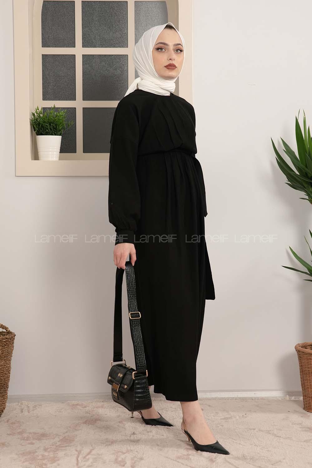 Modalamelif Beli Tunelli Yan Bağlamalı Elbise Siyah