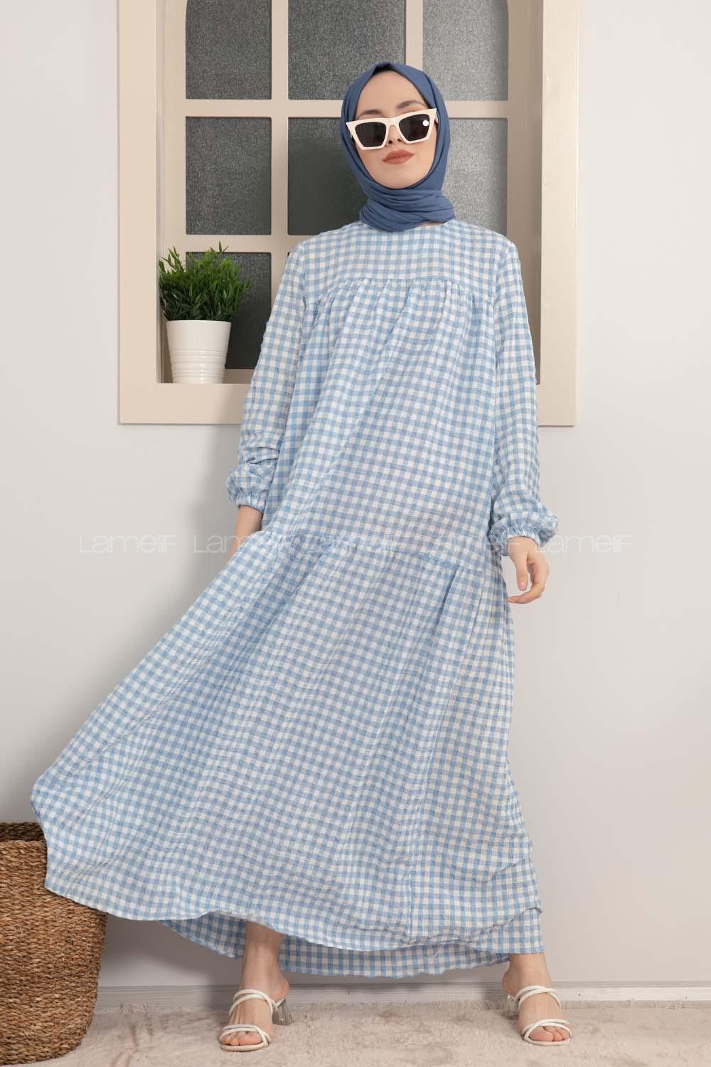 Modalamelif Büzgülü Salaş Pötikare Desen Elbise Açık Mavi