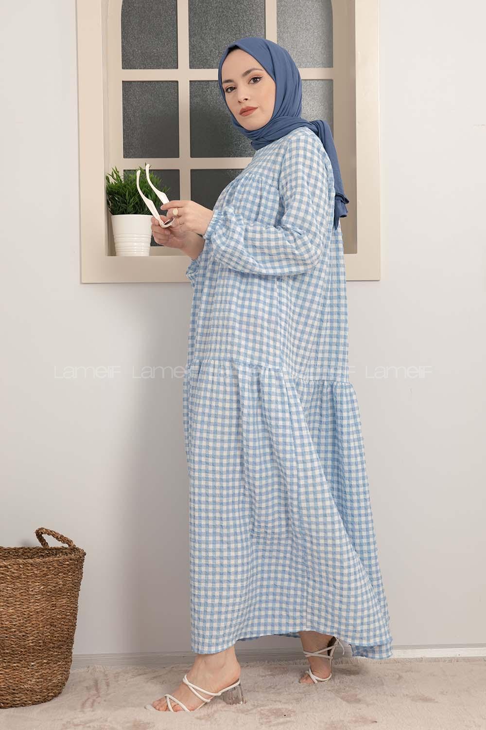 Modalamelif Büzgülü Salaş Pötikare Desen Elbise Açık Mavi