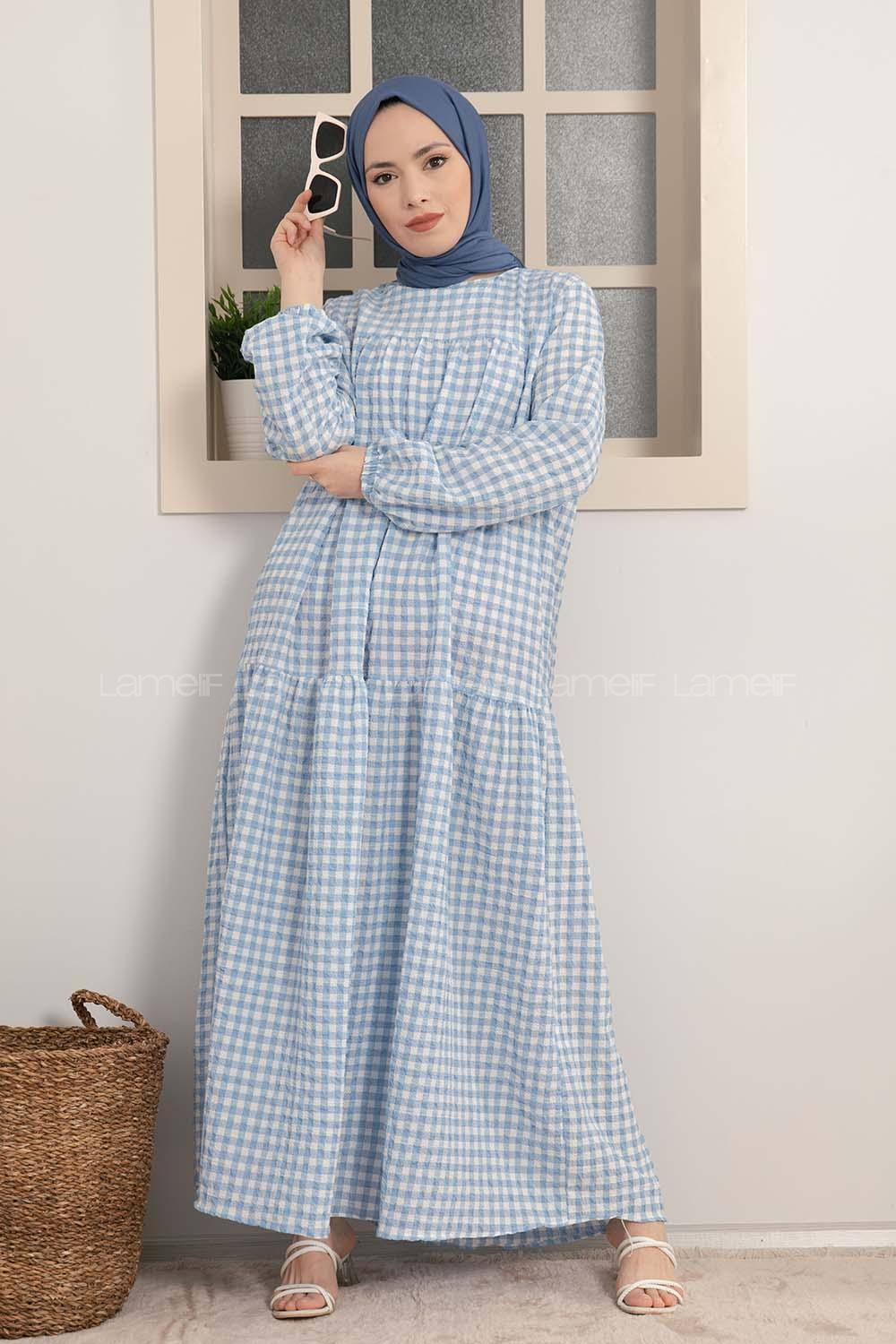 Modalamelif Büzgülü Salaş Pötikare Desen Elbise Açık Mavi