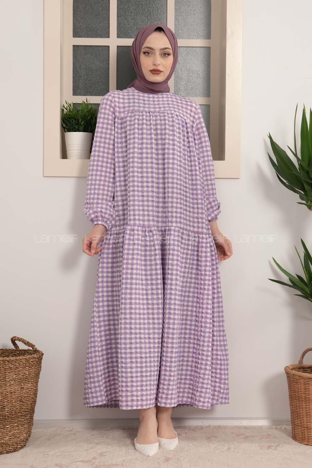 Modalamelif Büzgülü Salaş Pötikare Desen Elbise Lila