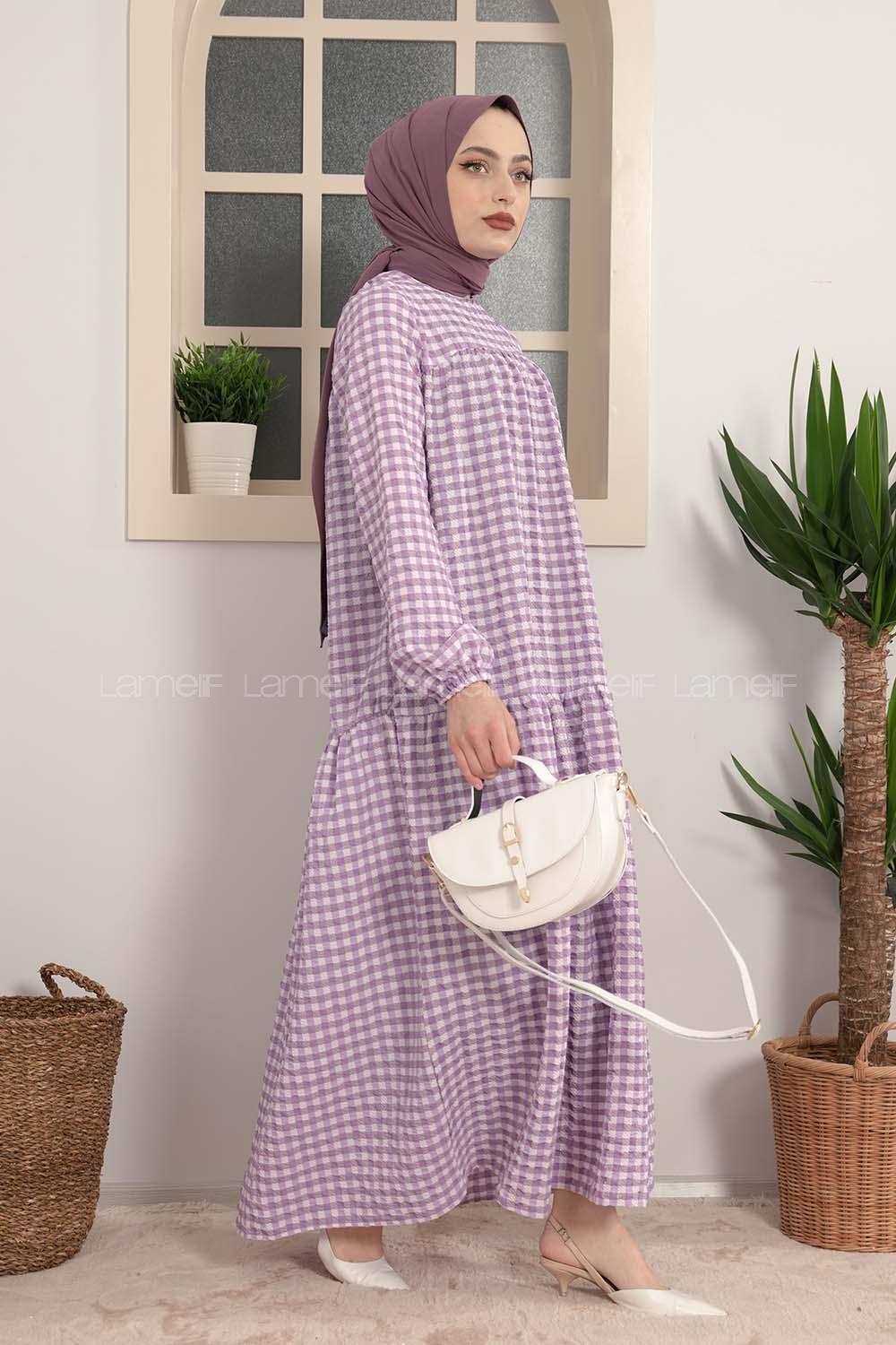 Modalamelif Büzgülü Salaş Pötikare Desen Elbise Lila