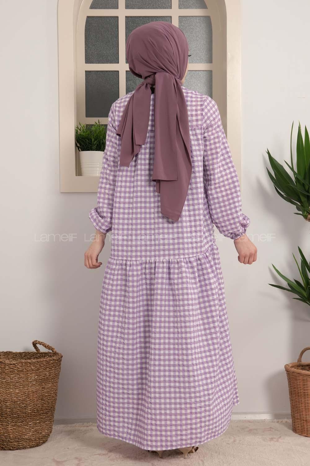 Modalamelif Büzgülü Salaş Pötikare Desen Elbise Lila