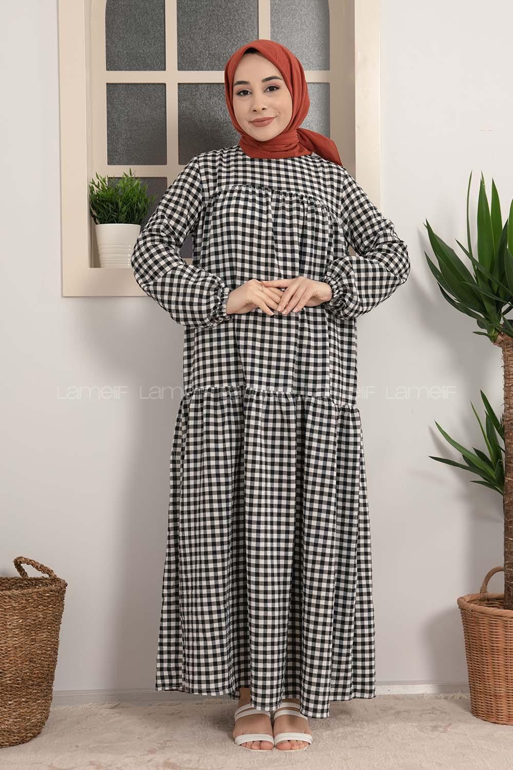 Modalamelif Büzgülü Salaş Pötikare Desen Elbise Siyah