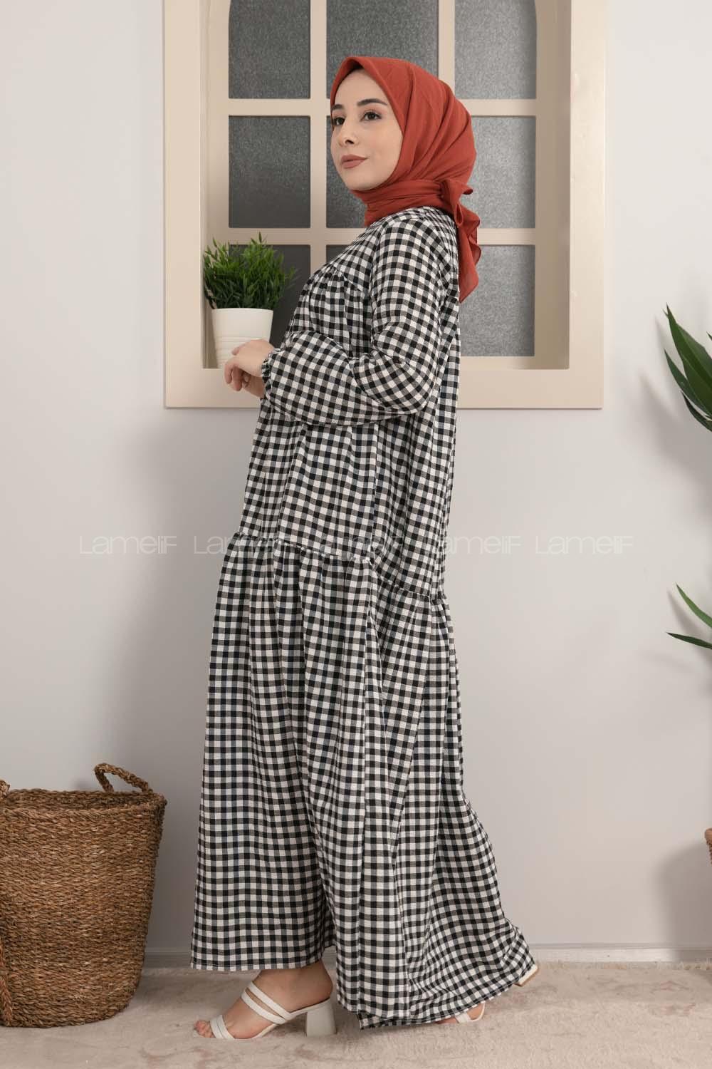 Modalamelif Büzgülü Salaş Pötikare Desen Elbise Siyah