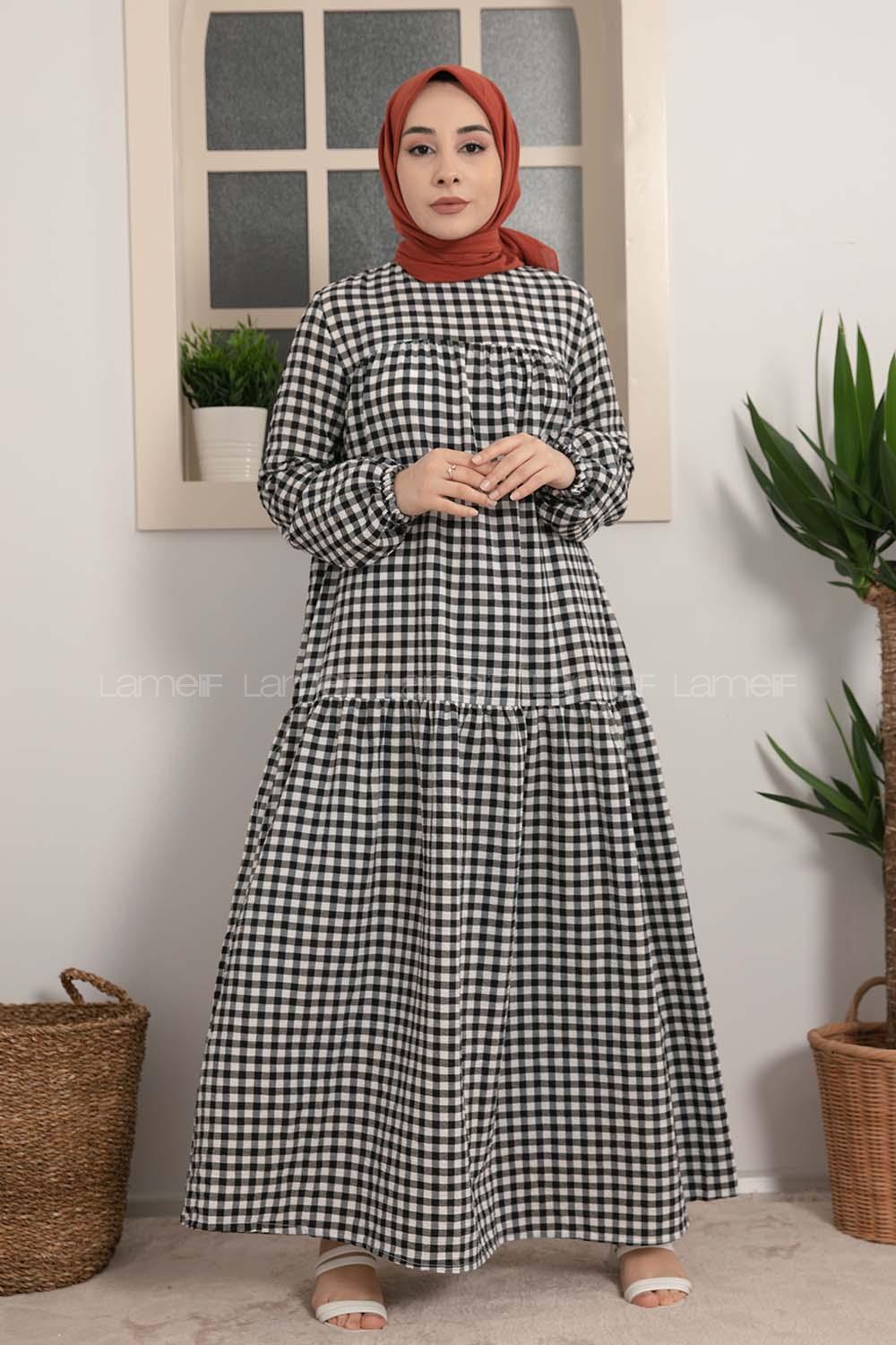 Modalamelif Büzgülü Salaş Pötikare Desen Elbise Siyah