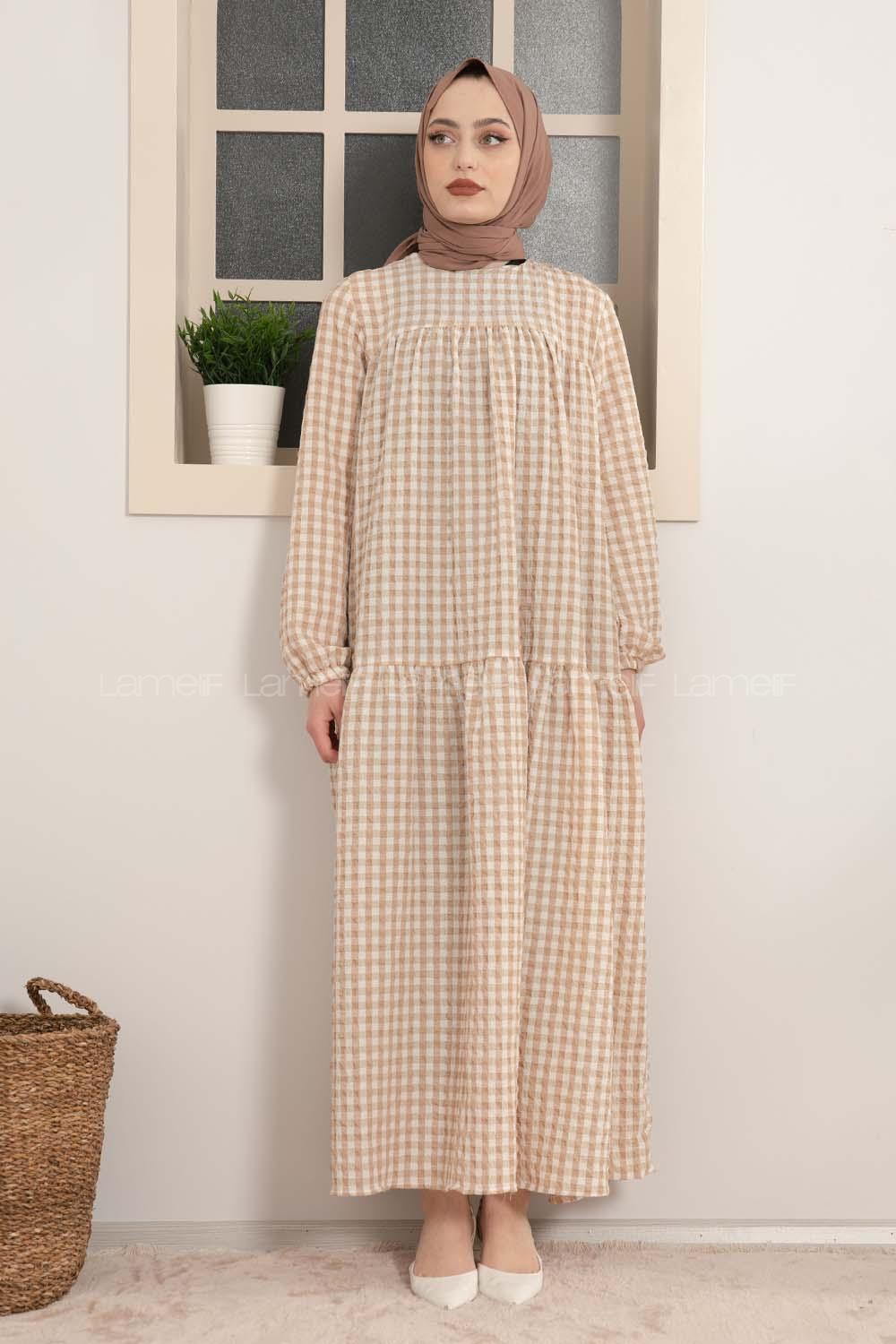 Modalamelif Büzgülü Salaş Pötikare Desen Elbise Sütlü Kahve