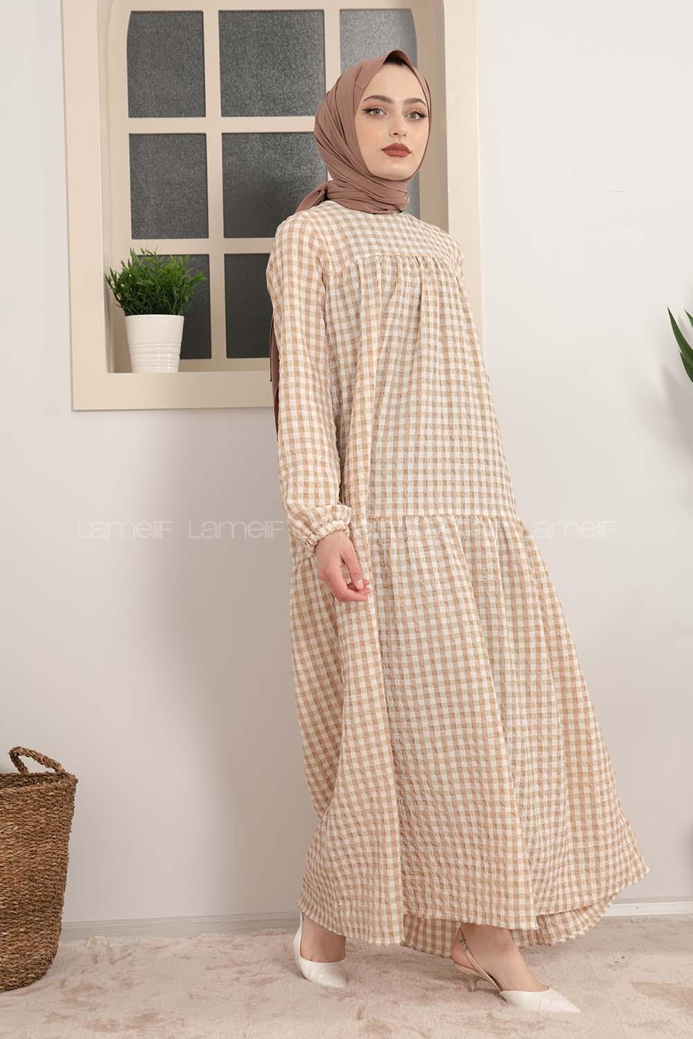 Modalamelif Büzgülü Salaş Pötikare Desen Elbise Sütlü Kahve