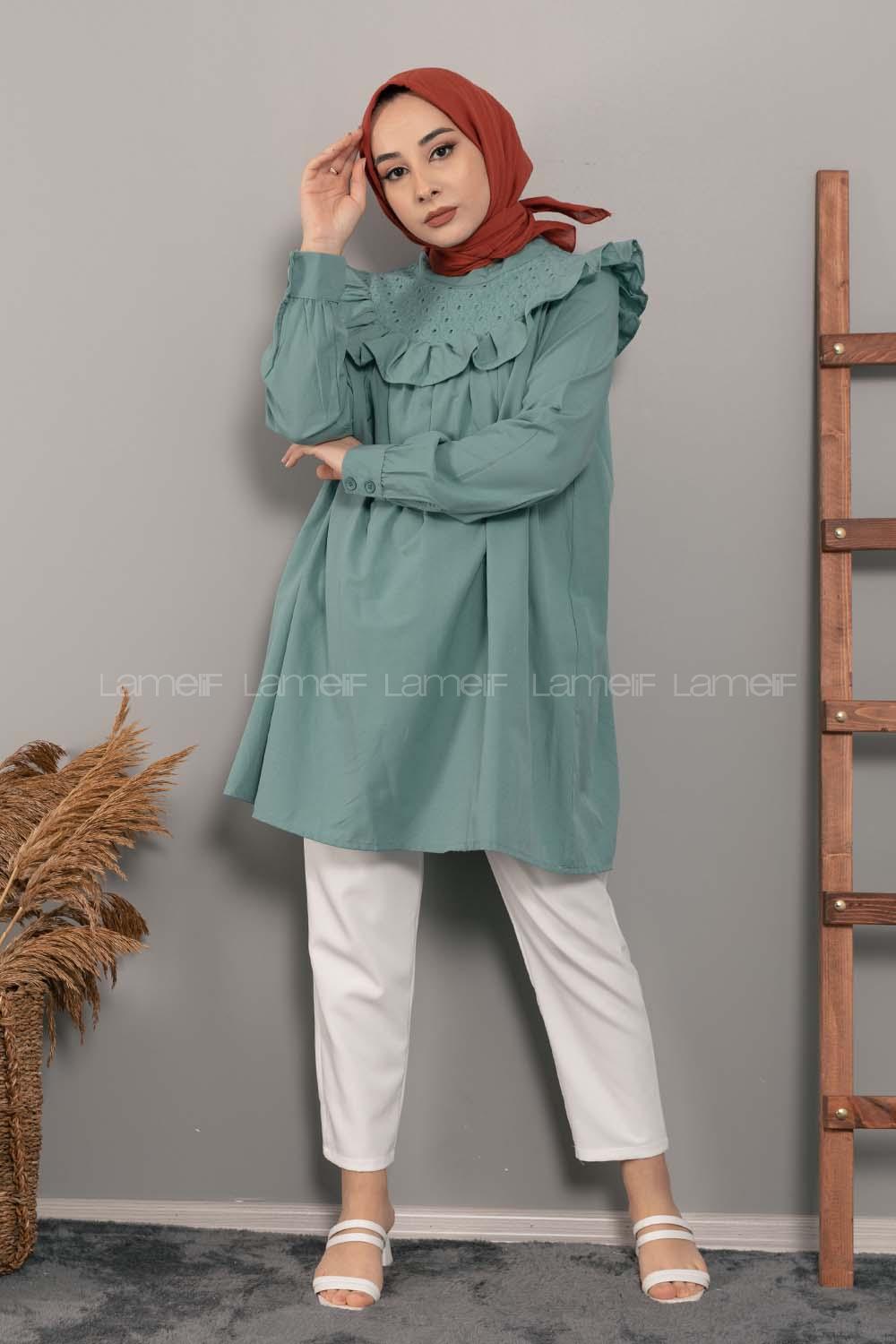 Modalamelif Dantelli Fırfırlı Tunik Çağla Yeşili