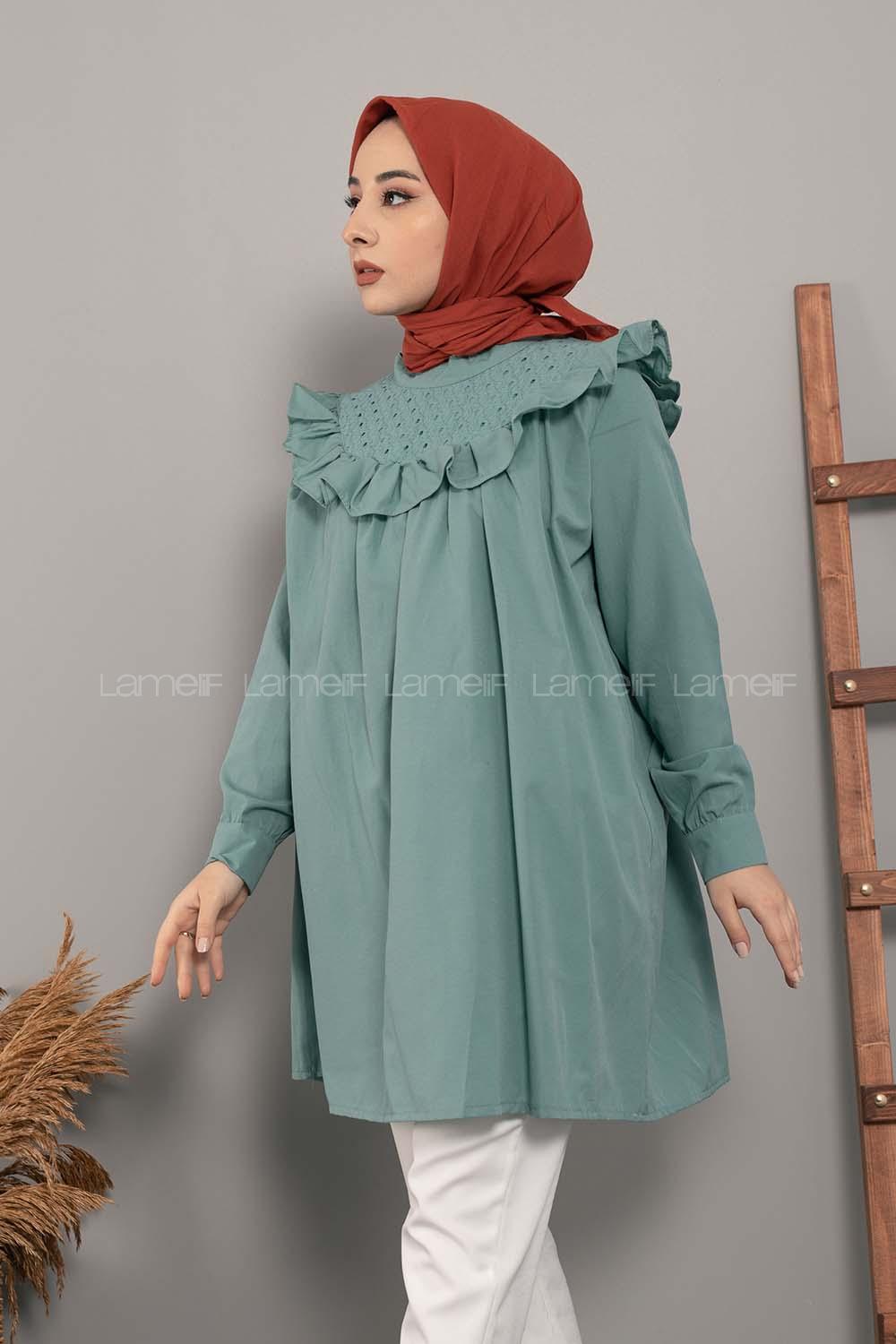 Modalamelif Dantelli Fırfırlı Tunik Çağla Yeşili