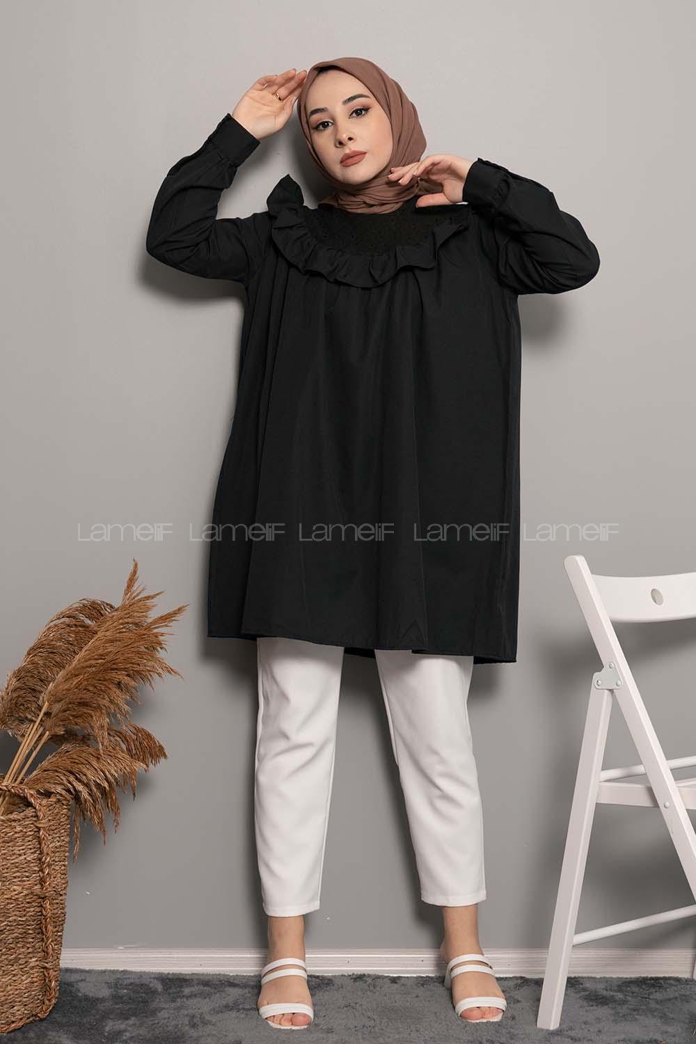 Modalamelif Dantelli Fırfırlı Tunik Siyah