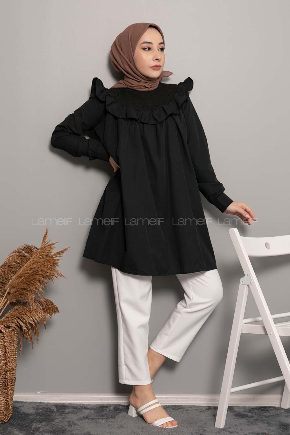 Modalamelif Dantelli Fırfırlı Tunik Siyah