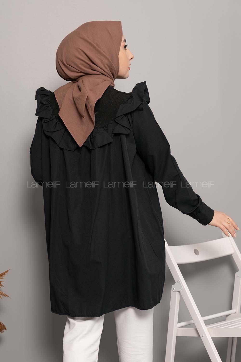 Modalamelif Dantelli Fırfırlı Tunik Siyah