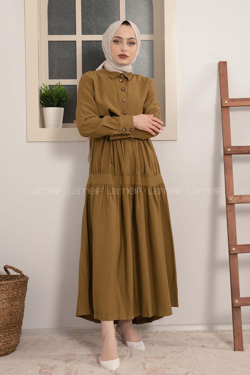 Modalamelif Eteği Büzgülü Elbise Yağ Yeşili