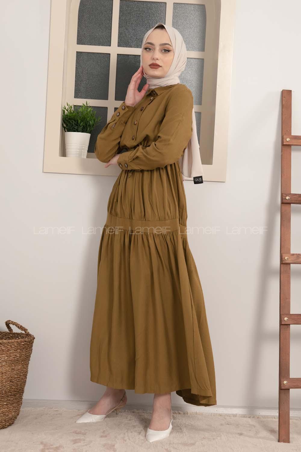 Modalamelif Eteği Büzgülü Elbise Yağ Yeşili