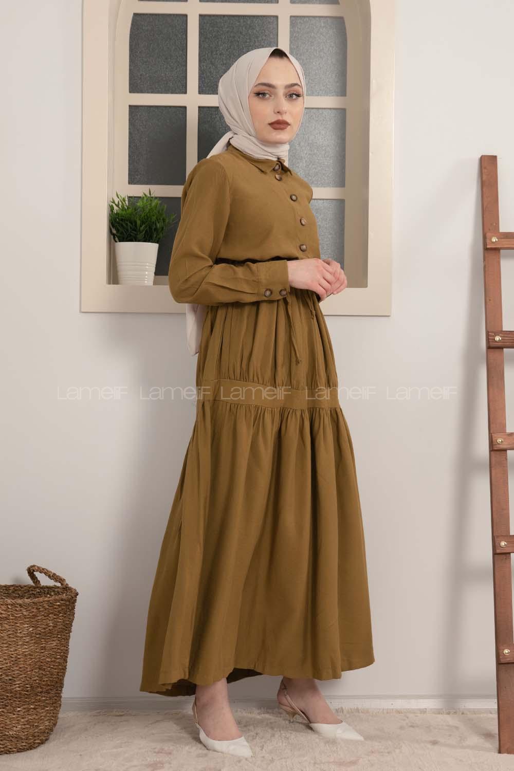 Modalamelif Eteği Büzgülü Elbise Yağ Yeşili