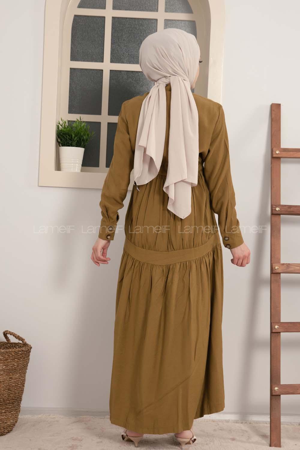 Modalamelif Eteği Büzgülü Elbise Yağ Yeşili