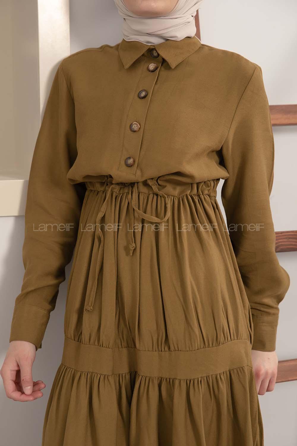 Modalamelif Eteği Büzgülü Elbise Yağ Yeşili