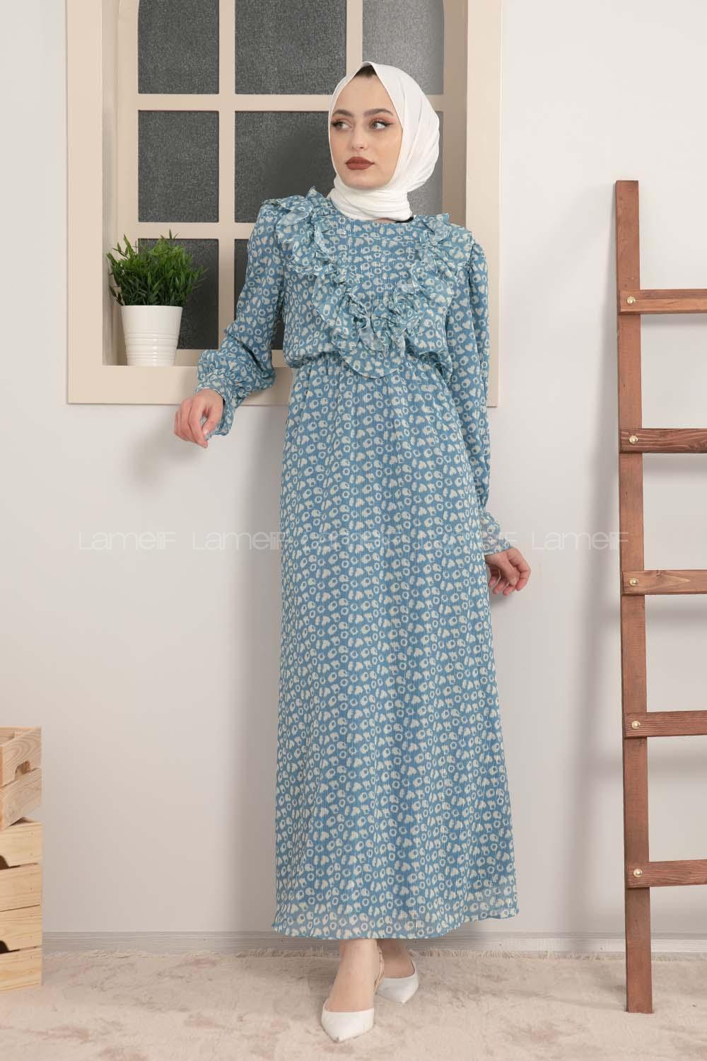 Modalamelif Fırfırlı Şifon Elbise İndigo