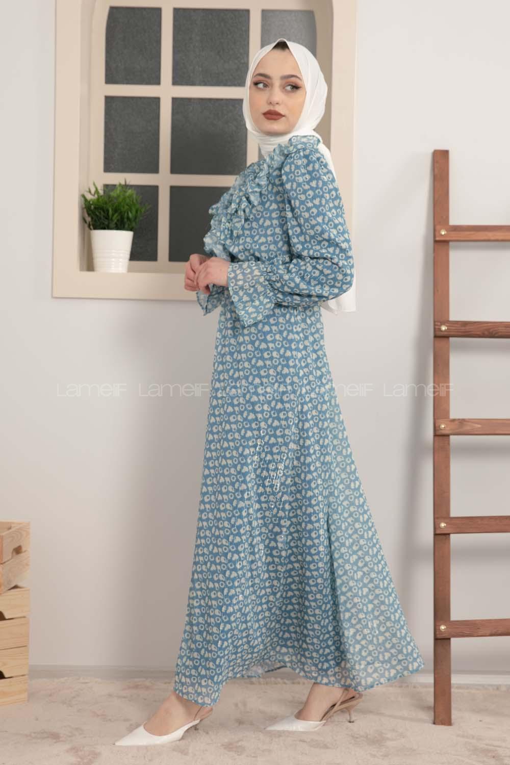 Modalamelif Fırfırlı Şifon Elbise İndigo