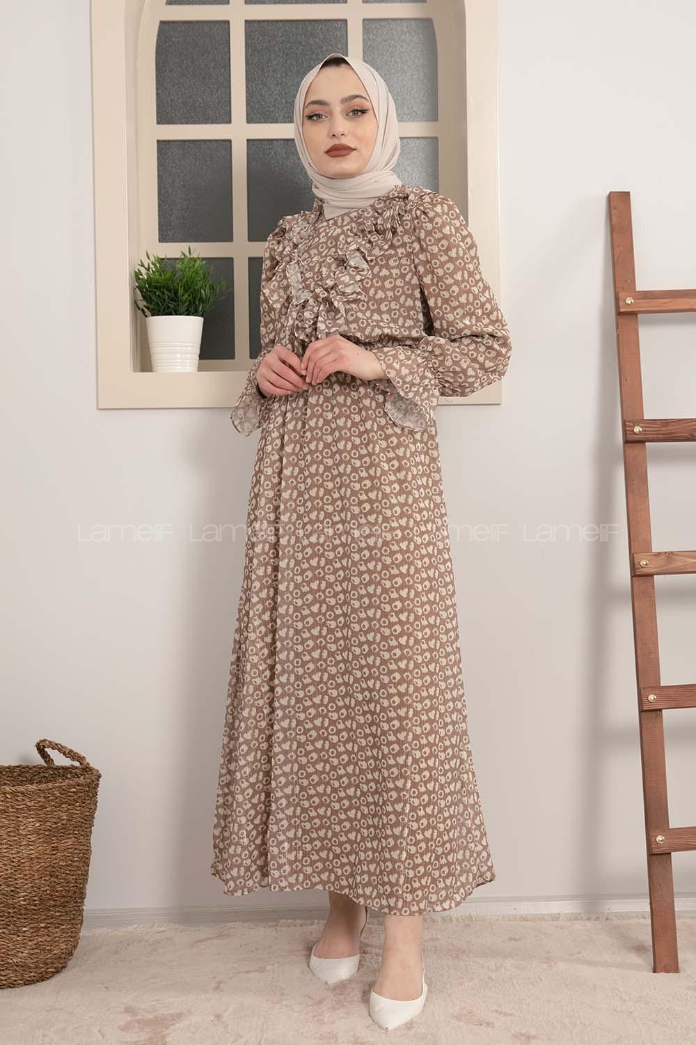 Modalamelif Fırfırlı Şifon Elbise Sütlü Kahve