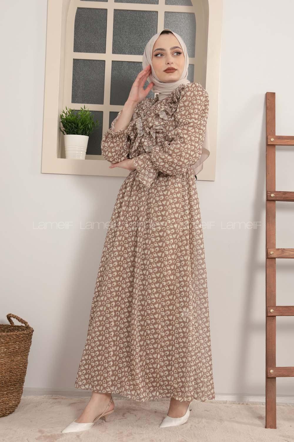 Modalamelif Fırfırlı Şifon Elbise Sütlü Kahve