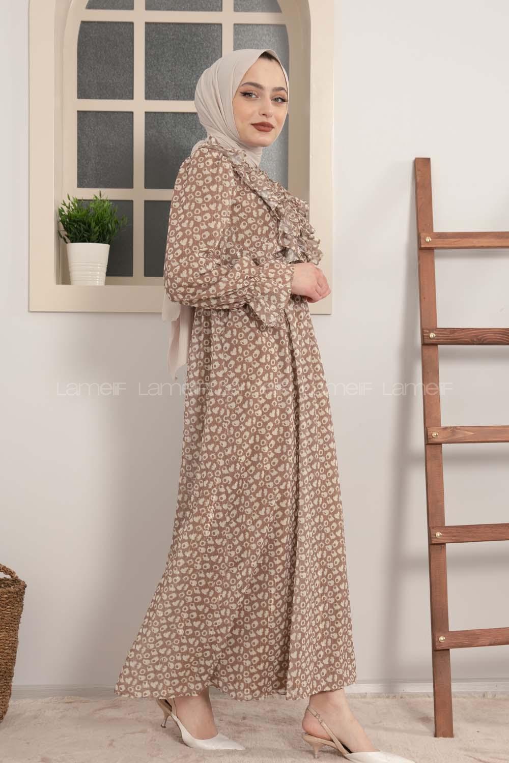Modalamelif Fırfırlı Şifon Elbise Sütlü Kahve