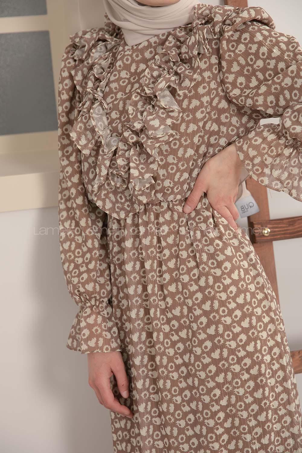 Modalamelif Fırfırlı Şifon Elbise Sütlü Kahve