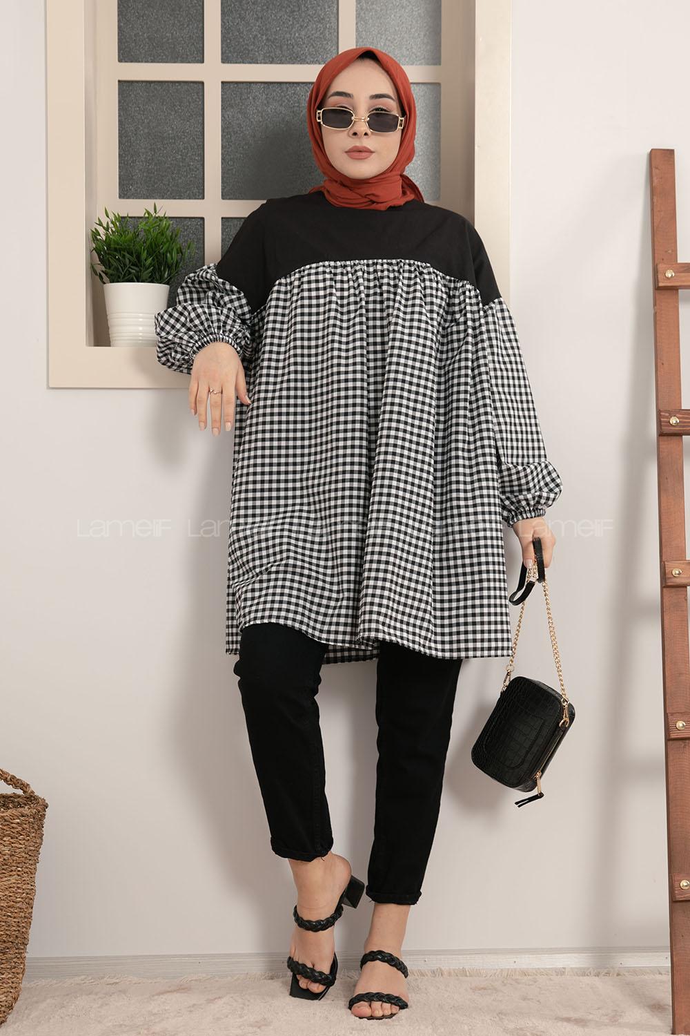 Modalamelif Garnili Pötikare Desen Tunik Siyah