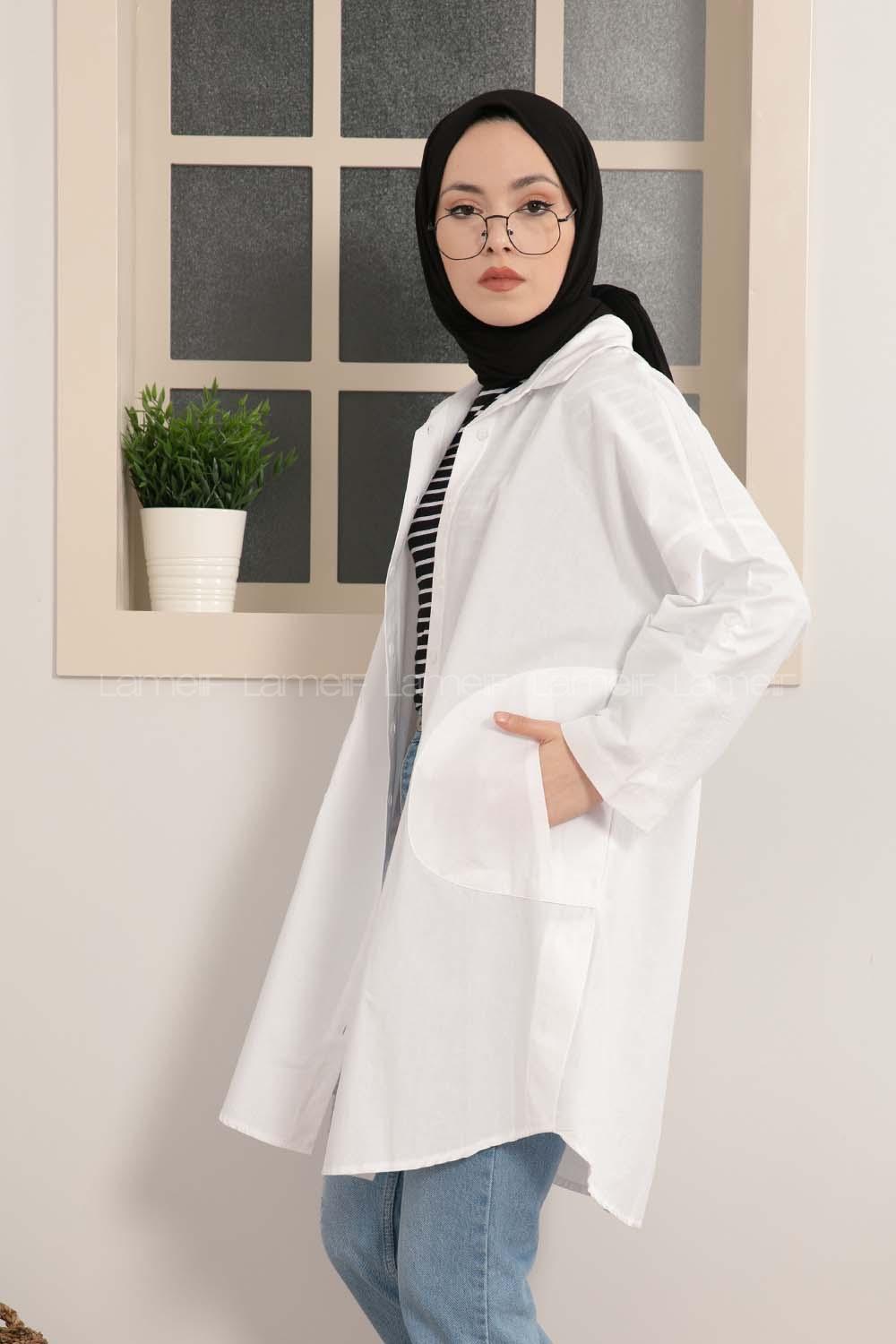 Modalamelif Gizli Cep Düşük Kol Gömlek Beyaz