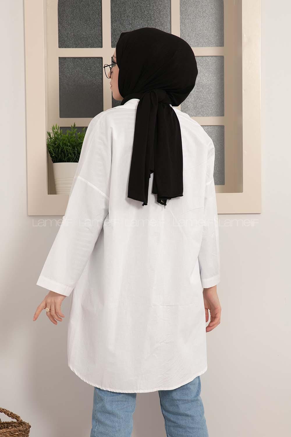 Modalamelif Gizli Cep Düşük Kol Gömlek Beyaz