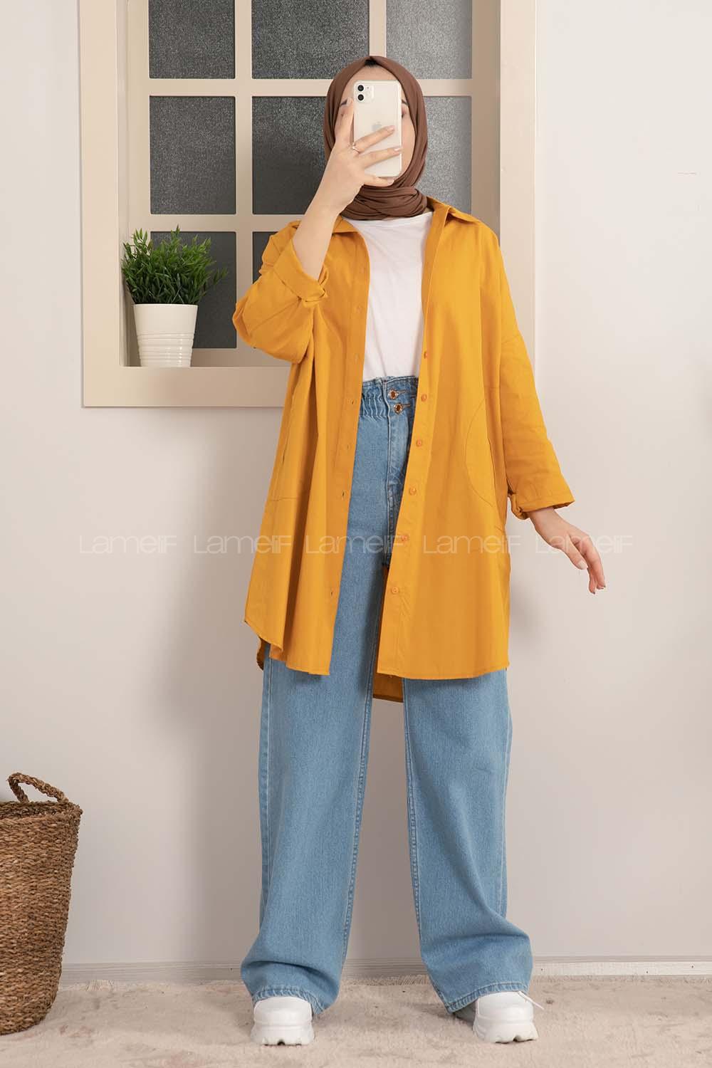 Modalamelif Gizli Cep Düşük Kol Gömlek Hardal Sarısı