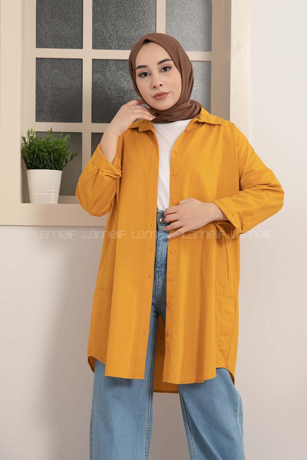 Modalamelif Gizli Cep Düşük Kol Gömlek Hardal Sarısı