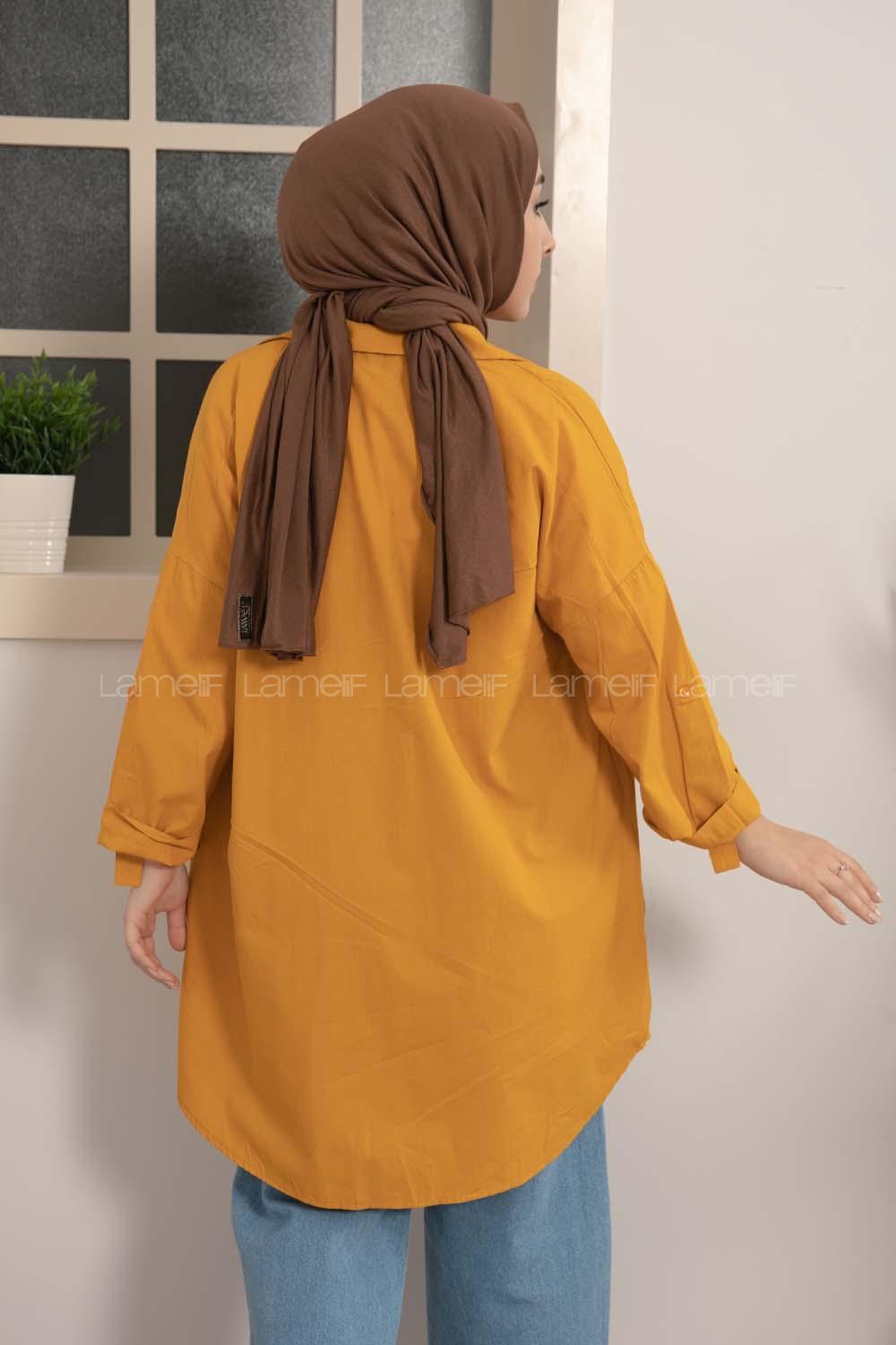 Modalamelif Gizli Cep Düşük Kol Gömlek Hardal Sarısı