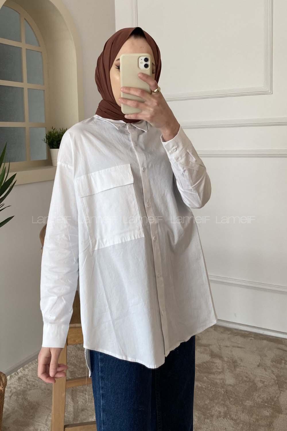 Modalamelif Kapak Cepli Oversize Gömlek Beyaz