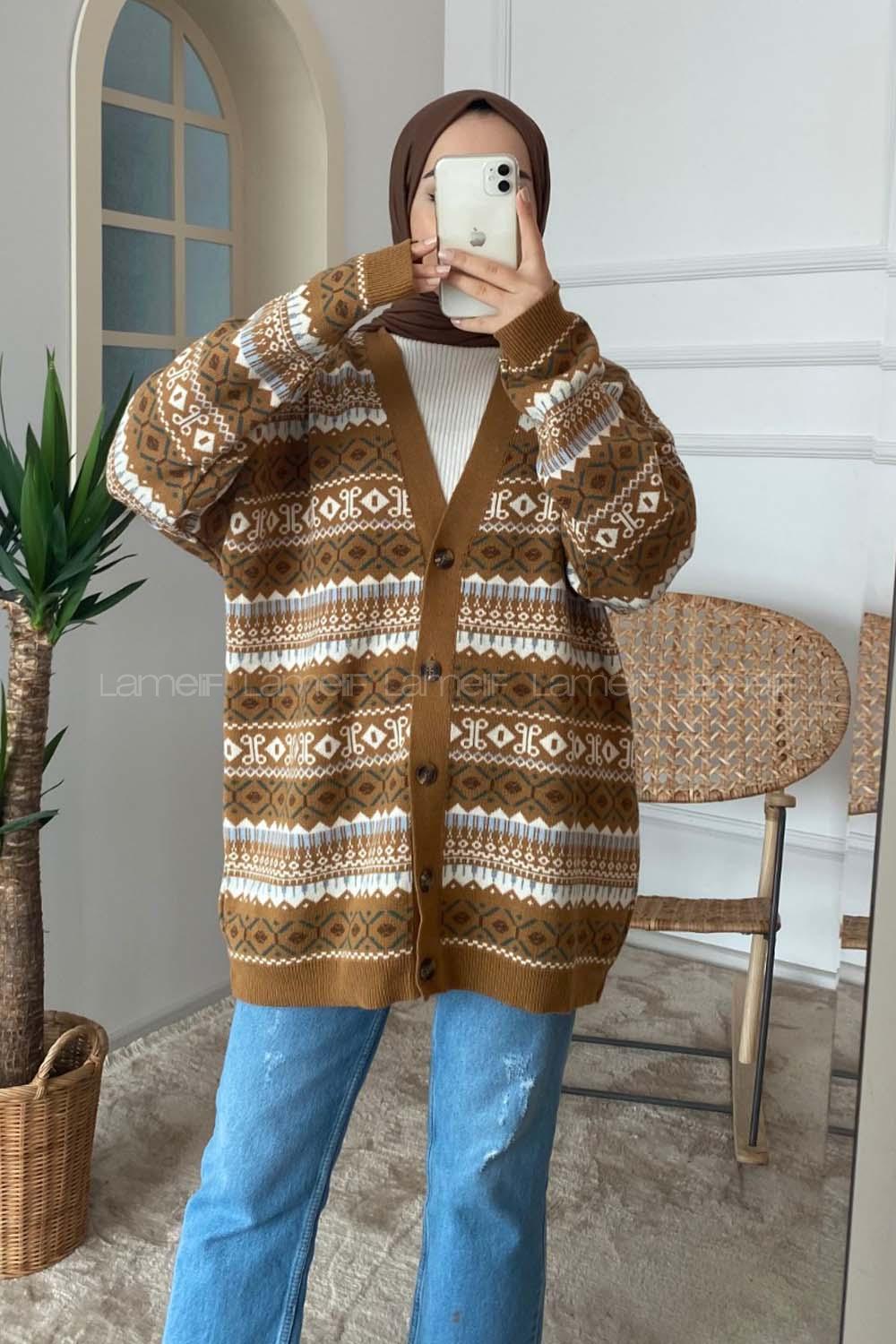 Modalamelif Kilim Desen Hırka Sütlü Kahve