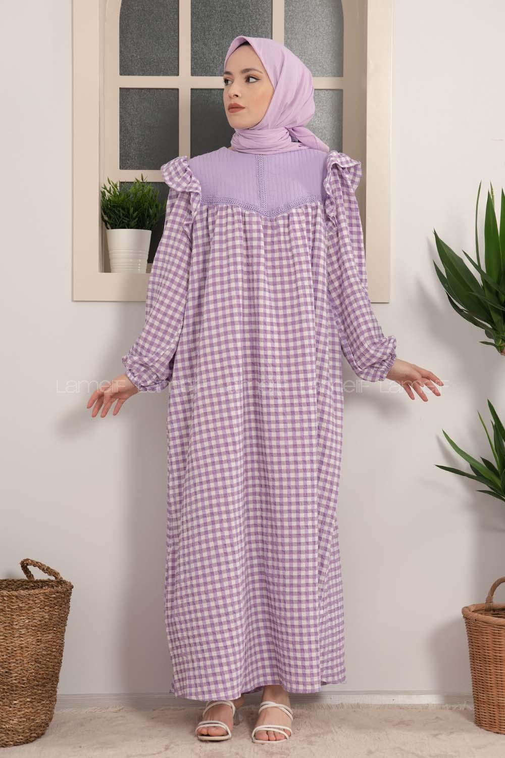 Modalamelif Kol Fırfırlı Pötikare Desen Elbise Lila