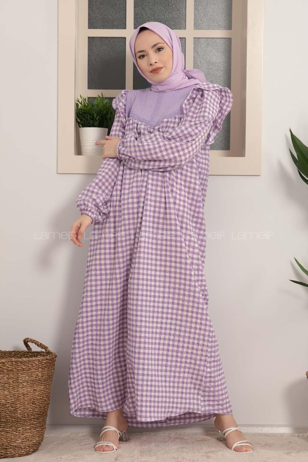 Modalamelif Kol Fırfırlı Pötikare Desen Elbise Lila