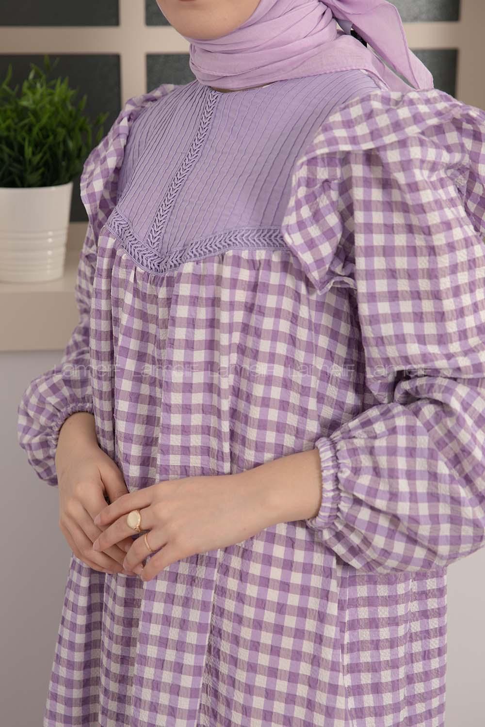 Modalamelif Kol Fırfırlı Pötikare Desen Elbise Lila