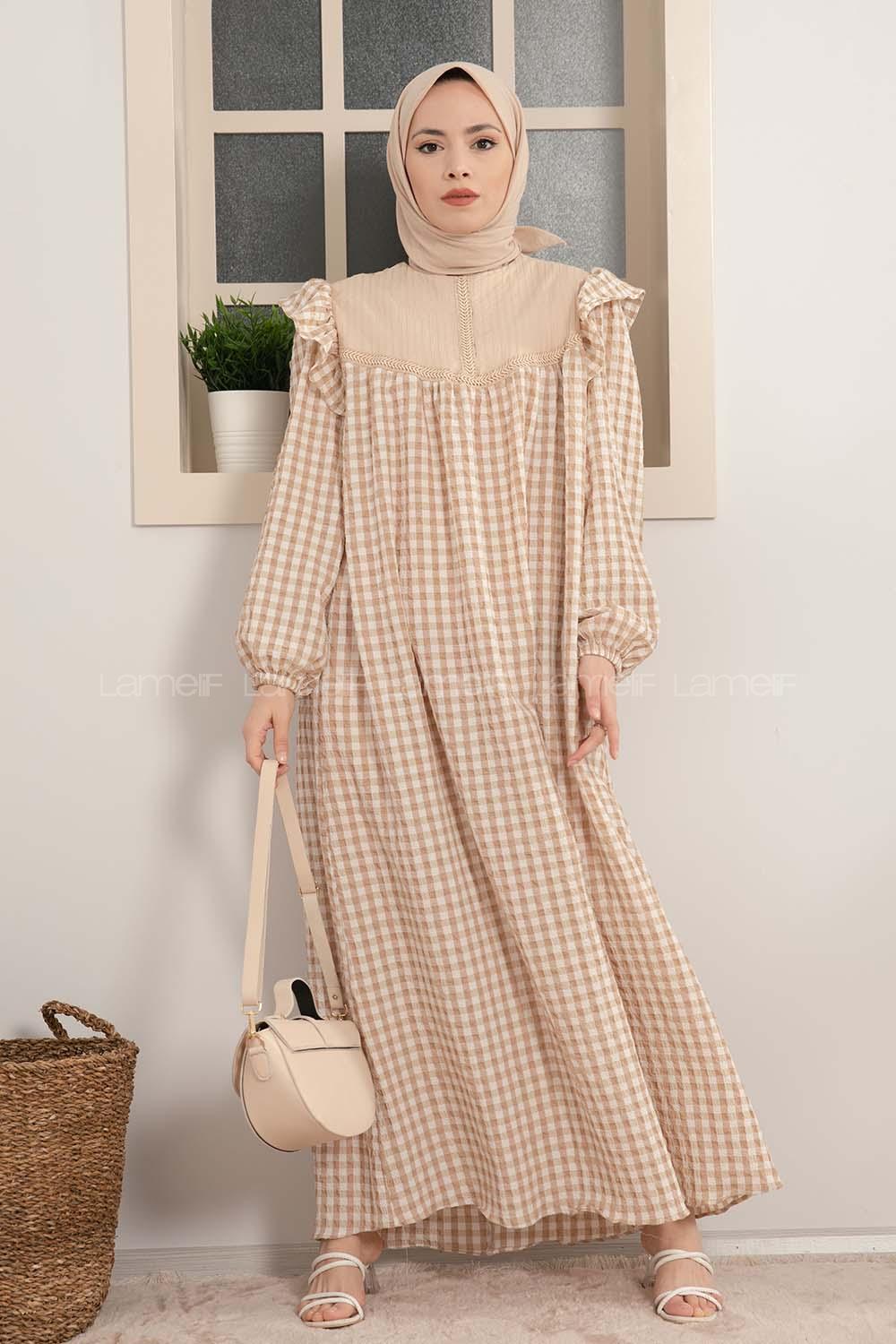 Modalamelif Kol Fırfırlı Pötikare Desen Elbise Sütlü Kahve