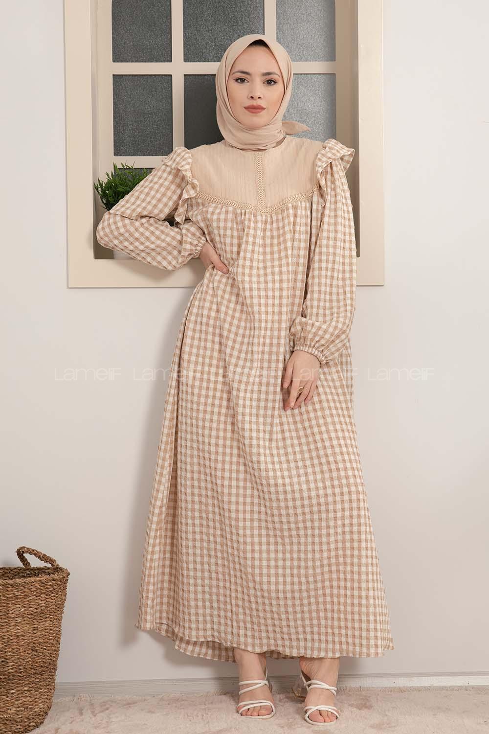 Modalamelif Kol Fırfırlı Pötikare Desen Elbise Sütlü Kahve