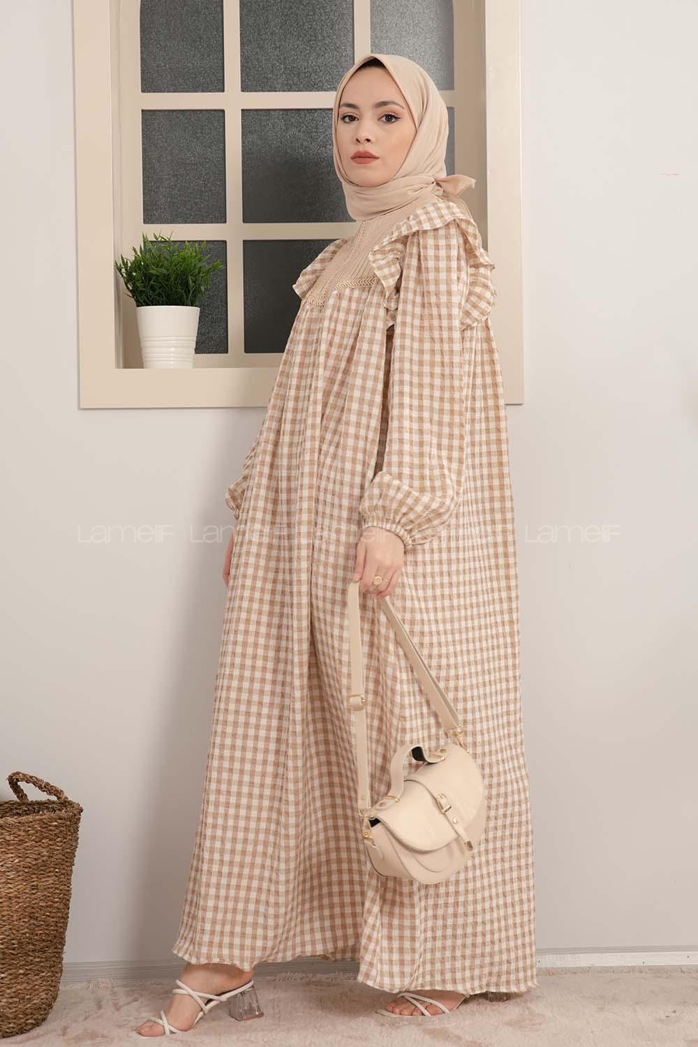 Modalamelif Kol Fırfırlı Pötikare Desen Elbise Sütlü Kahve