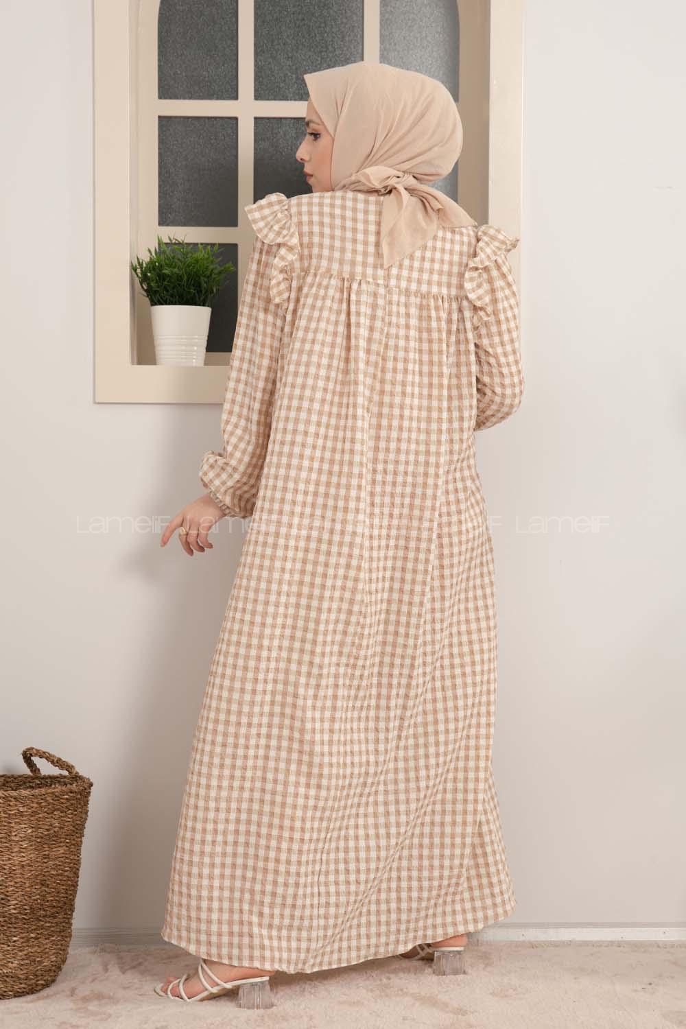 Modalamelif Kol Fırfırlı Pötikare Desen Elbise Sütlü Kahve