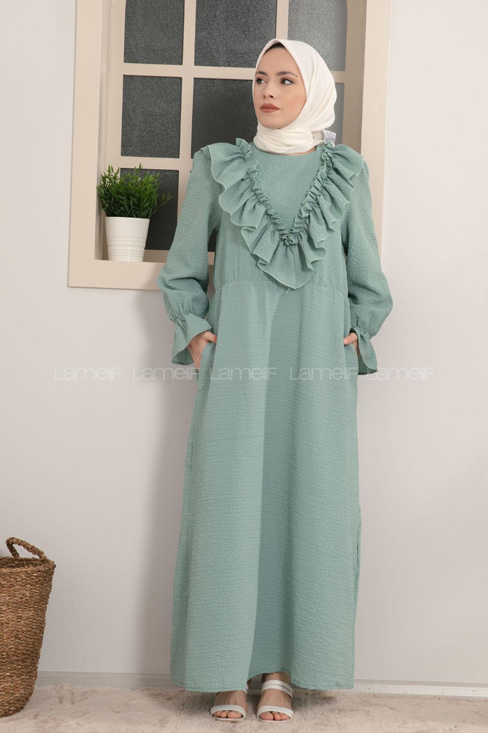 Modalamelif Kol Lastikli Fırfırlı Elbise Çağla Yeşili
