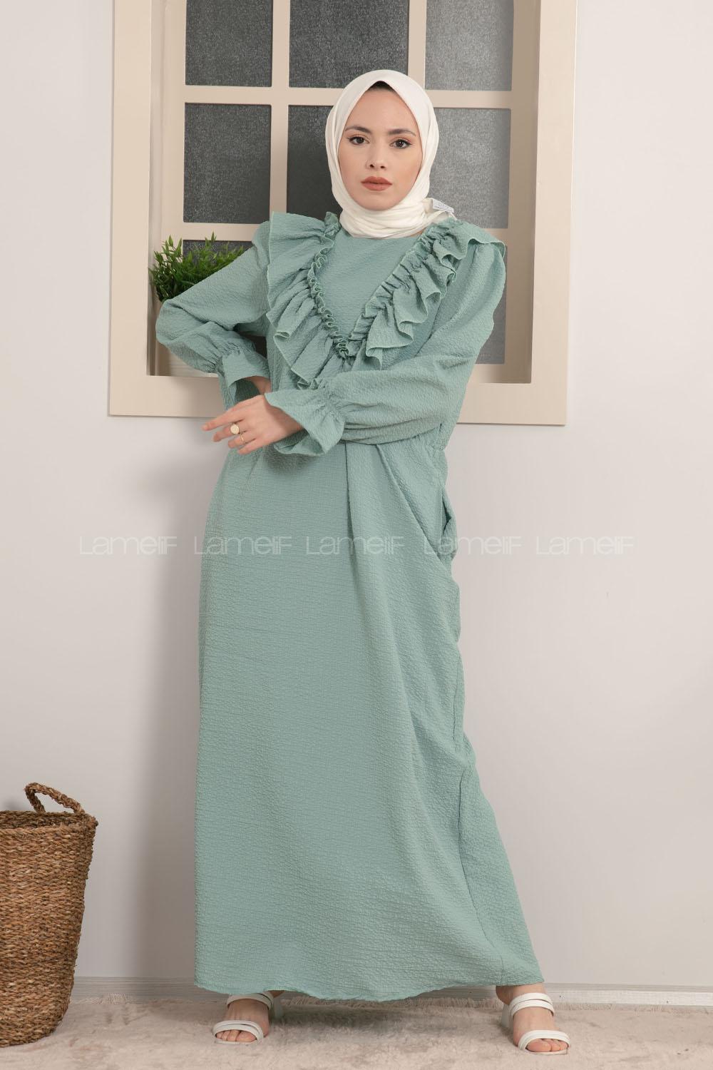 Modalamelif Kol Lastikli Fırfırlı Elbise Çağla Yeşili