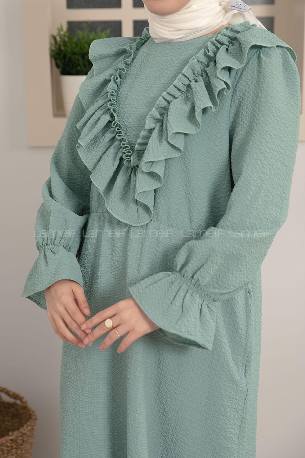 Modalamelif Kol Lastikli Fırfırlı Elbise Çağla Yeşili