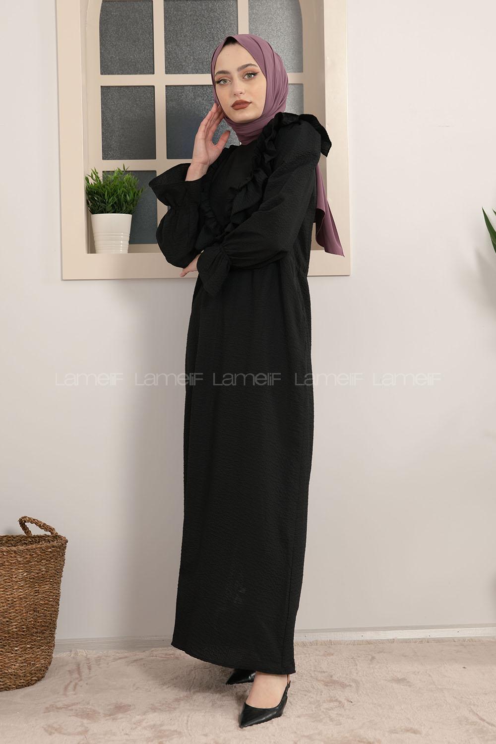 Modalamelif Kol Lastikli Fırfırlı Elbise Siyah