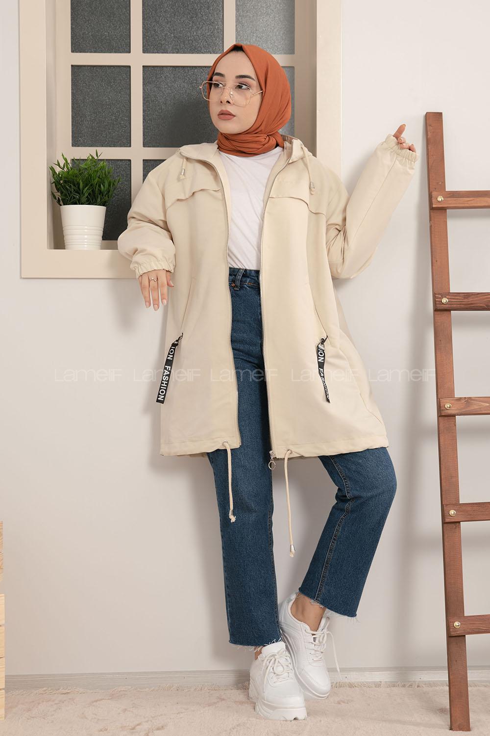 Modalamelif Kol Lastikli Kapşonlu Kap Taş Rengi