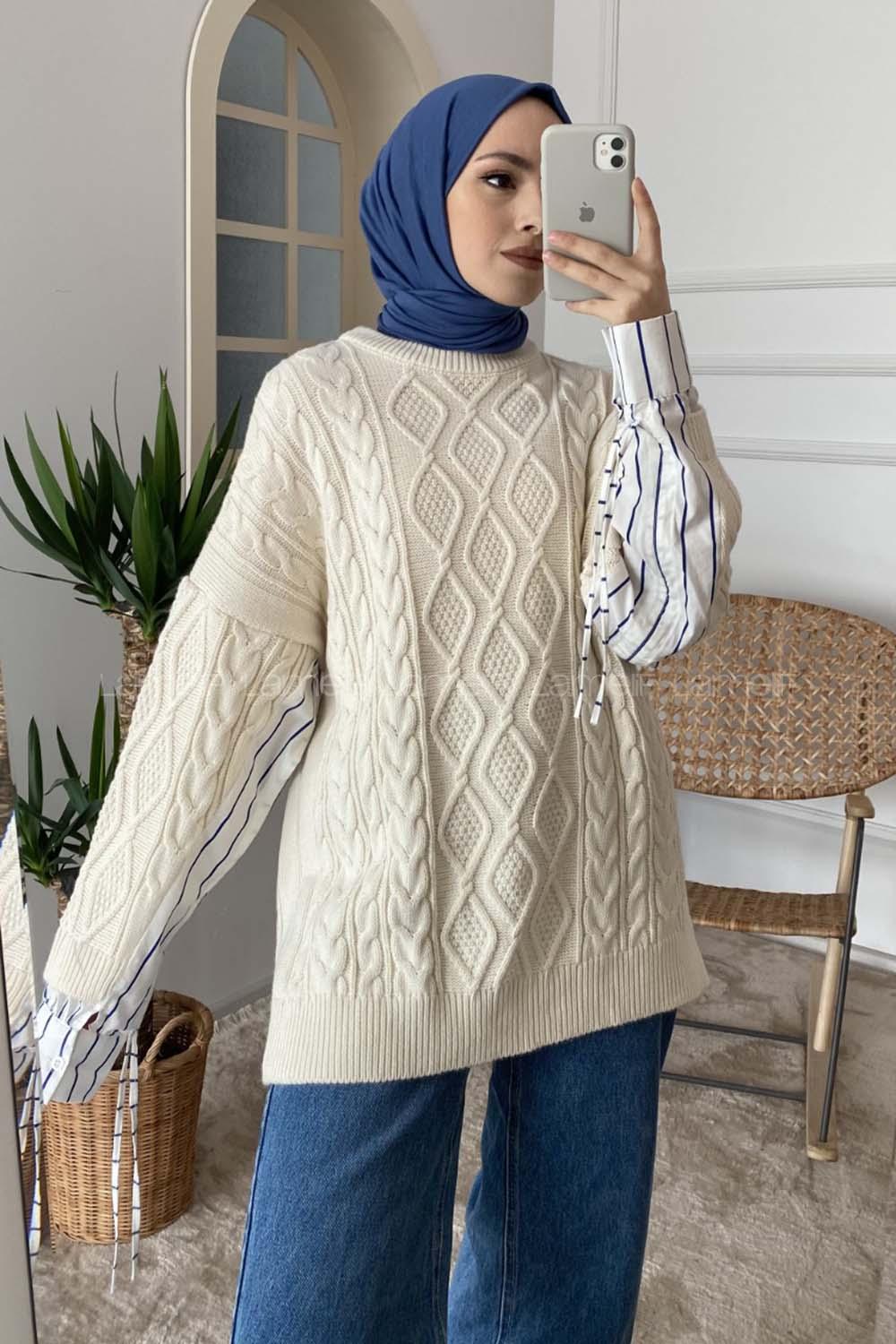 Modalamelif Kolları Gömlek Detaylı Kazak Ekru