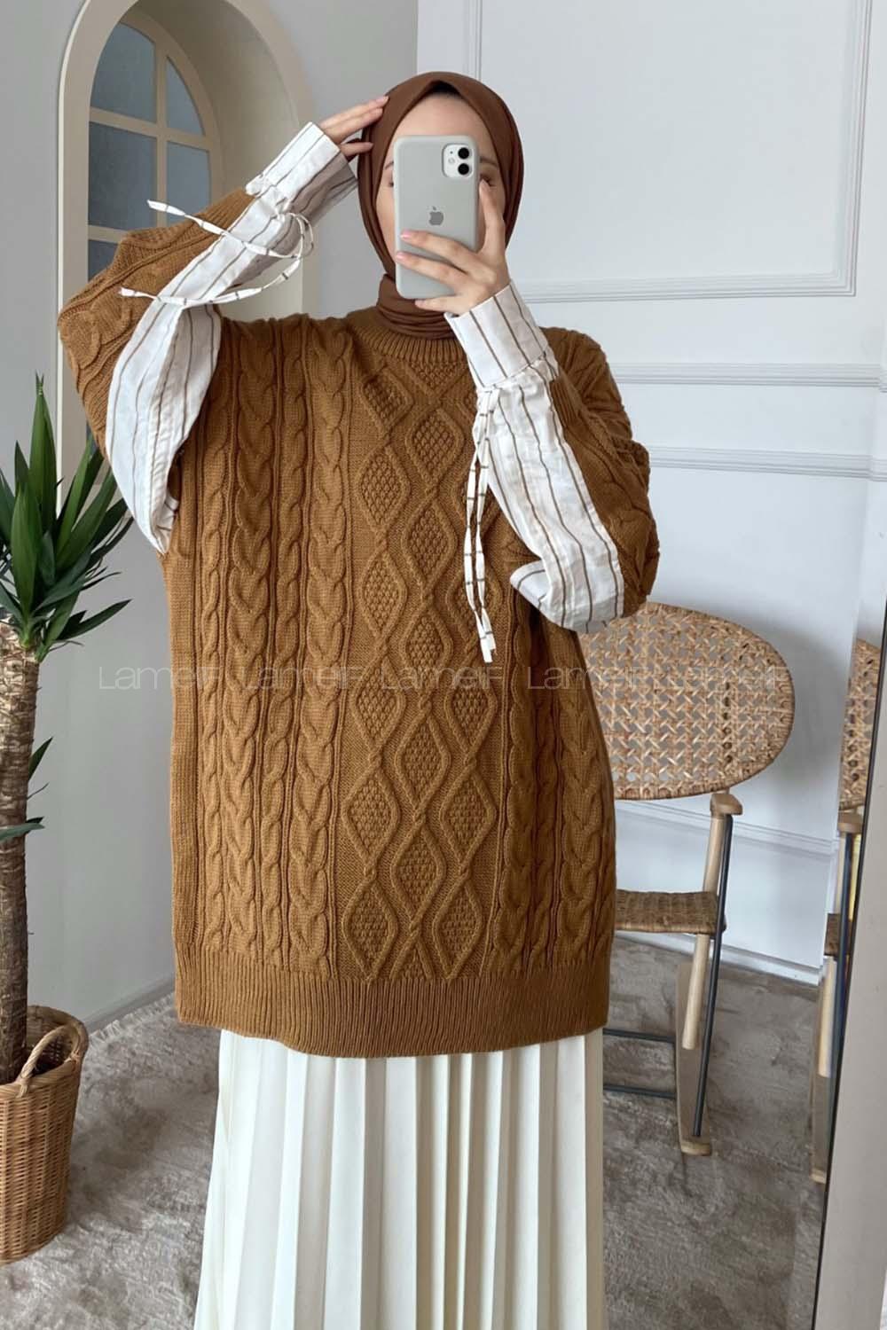 Modalamelif Kolları Gömlek Detaylı Kazak Kahve